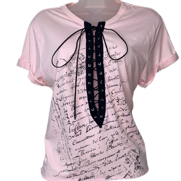 The Classic Tops - The Clas-Sic Lace Up Plunge Neck Short Sleeve Top Pink & Black Graphic Tee M